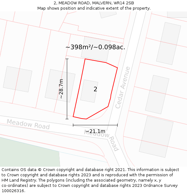 2, MEADOW ROAD, MALVERN, WR14 2SB: Plot and title map