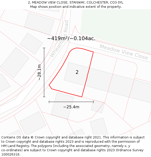 2, MEADOW VIEW CLOSE, STANWAY, COLCHESTER, CO3 0YL: Plot and title map