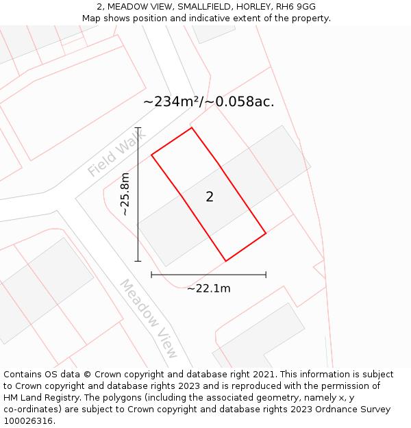 2, MEADOW VIEW, SMALLFIELD, HORLEY, RH6 9GG: Plot and title map