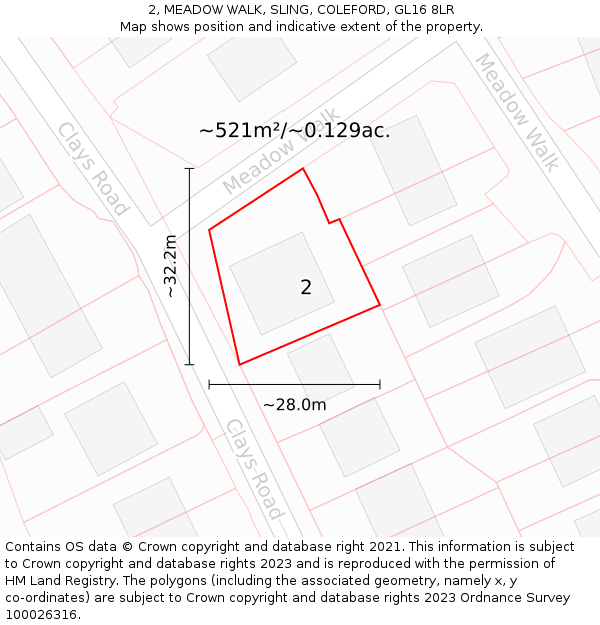2, MEADOW WALK, SLING, COLEFORD, GL16 8LR: Plot and title map