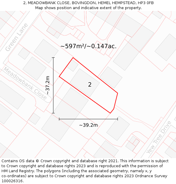2, MEADOWBANK CLOSE, BOVINGDON, HEMEL HEMPSTEAD, HP3 0FB: Plot and title map