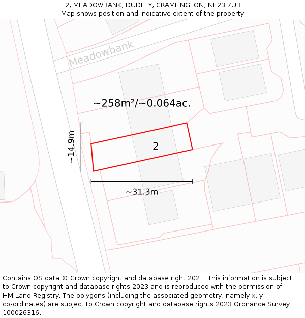2, MEADOWBANK, DUDLEY, CRAMLINGTON, NE23 7UB: Plot and title map