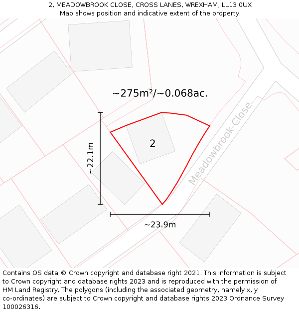 2, MEADOWBROOK CLOSE, CROSS LANES, WREXHAM, LL13 0UX: Plot and title map