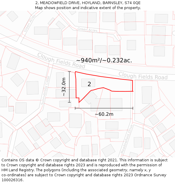 2, MEADOWFIELD DRIVE, HOYLAND, BARNSLEY, S74 0QE: Plot and title map