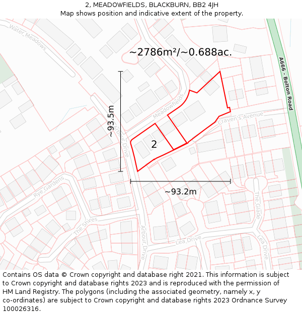 2, MEADOWFIELDS, BLACKBURN, BB2 4JH: Plot and title map