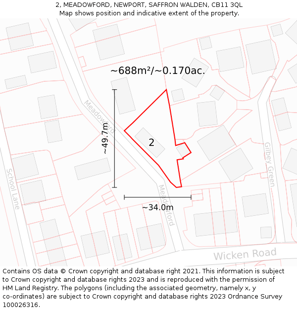 2, MEADOWFORD, NEWPORT, SAFFRON WALDEN, CB11 3QL: Plot and title map