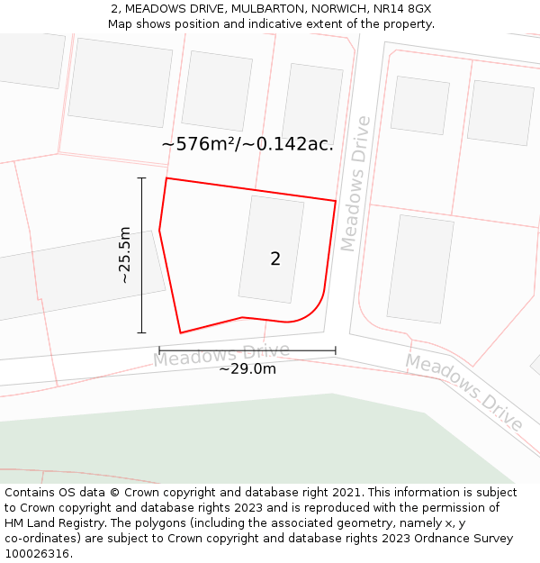 2, MEADOWS DRIVE, MULBARTON, NORWICH, NR14 8GX: Plot and title map