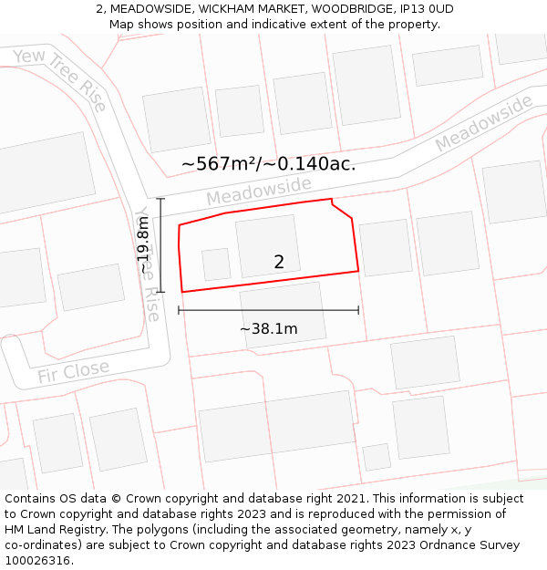 2, MEADOWSIDE, WICKHAM MARKET, WOODBRIDGE, IP13 0UD: Plot and title map