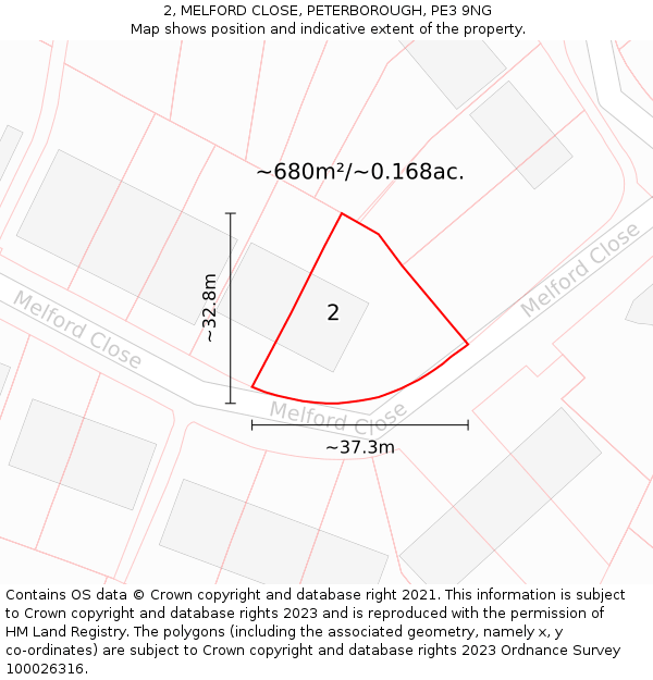 2, MELFORD CLOSE, PETERBOROUGH, PE3 9NG: Plot and title map