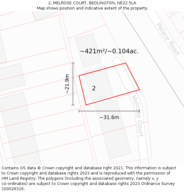 2, MELROSE COURT, BEDLINGTON, NE22 5LA: Plot and title map