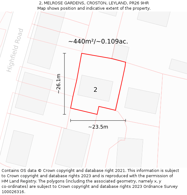 2, MELROSE GARDENS, CROSTON, LEYLAND, PR26 9HR: Plot and title map
