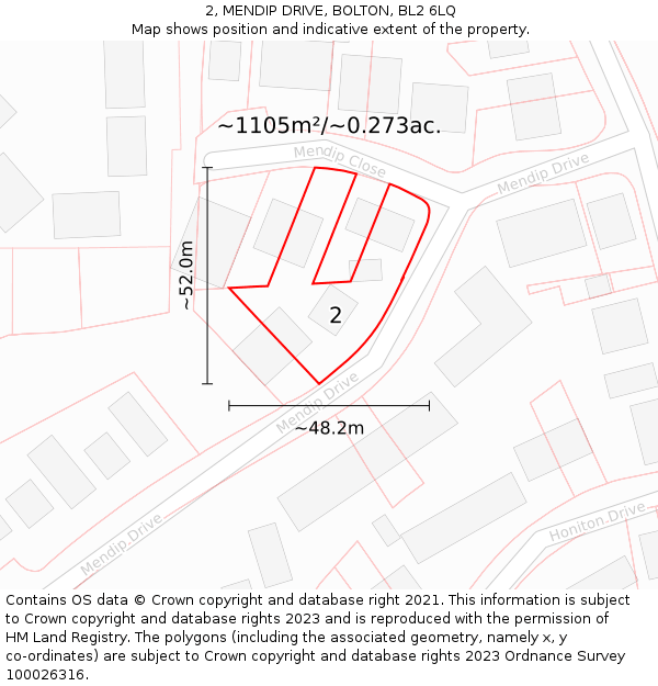 2, MENDIP DRIVE, BOLTON, BL2 6LQ: Plot and title map