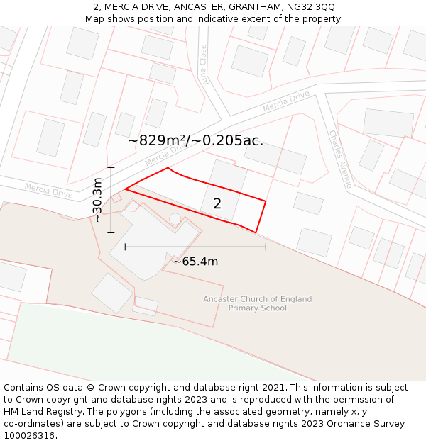 2, MERCIA DRIVE, ANCASTER, GRANTHAM, NG32 3QQ: Plot and title map