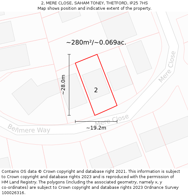 2, MERE CLOSE, SAHAM TONEY, THETFORD, IP25 7HS: Plot and title map