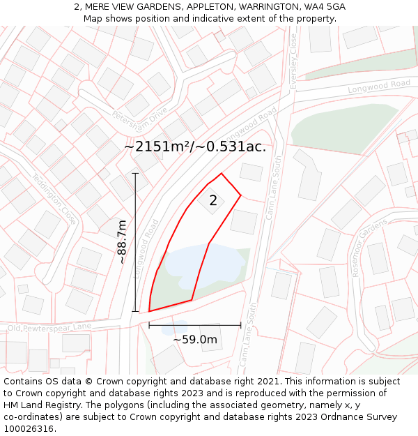 2, MERE VIEW GARDENS, APPLETON, WARRINGTON, WA4 5GA: Plot and title map