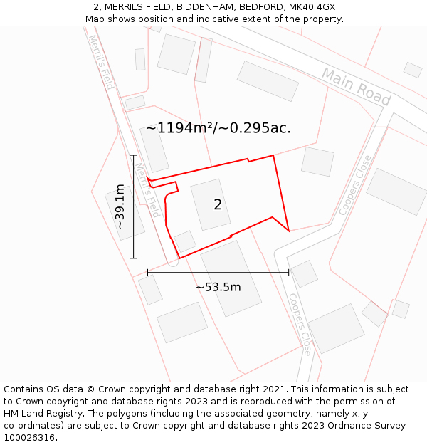 2, MERRILS FIELD, BIDDENHAM, BEDFORD, MK40 4GX: Plot and title map
