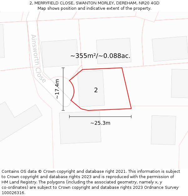 2, MERRYFIELD CLOSE, SWANTON MORLEY, DEREHAM, NR20 4GD: Plot and title map