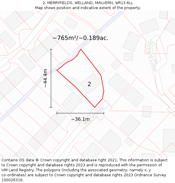 2, MERRYFIELDS, WELLAND, MALVERN, WR13 6LL: Plot and title map