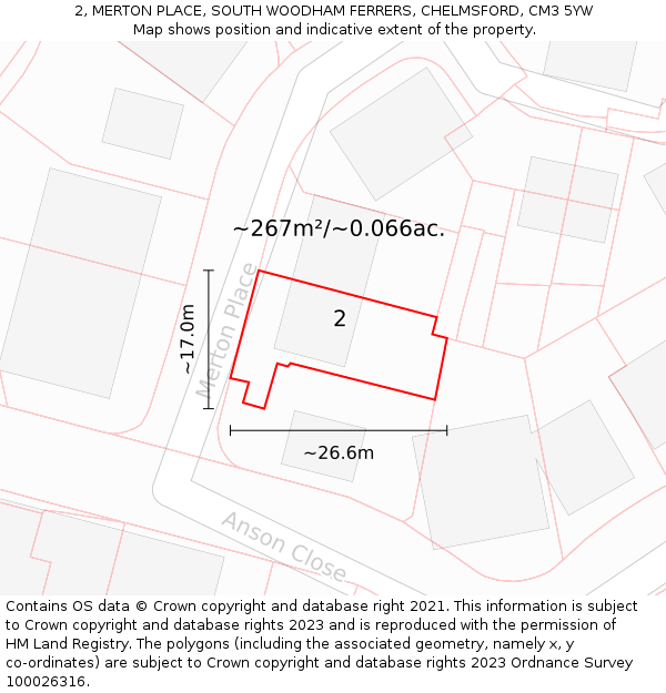 2, MERTON PLACE, SOUTH WOODHAM FERRERS, CHELMSFORD, CM3 5YW: Plot and title map