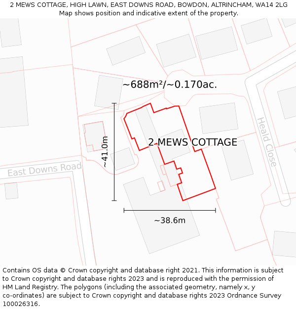 2 MEWS COTTAGE, HIGH LAWN, EAST DOWNS ROAD, BOWDON, ALTRINCHAM, WA14 2LG: Plot and title map