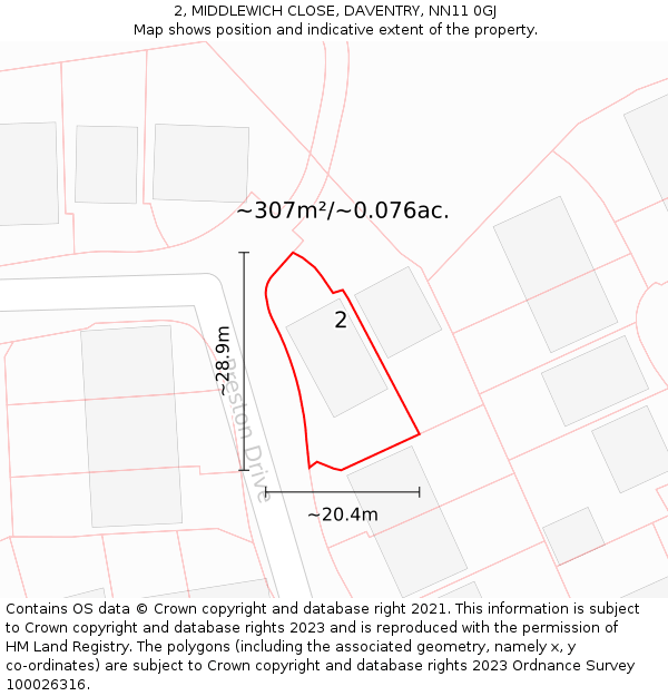 2, MIDDLEWICH CLOSE, DAVENTRY, NN11 0GJ: Plot and title map