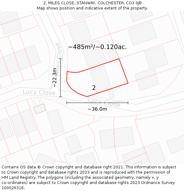 2, MILES CLOSE, STANWAY, COLCHESTER, CO3 0JB: Plot and title map