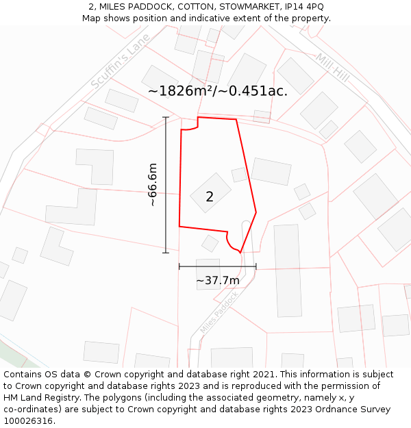 2, MILES PADDOCK, COTTON, STOWMARKET, IP14 4PQ: Plot and title map