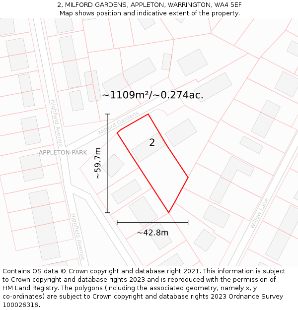 2, MILFORD GARDENS, APPLETON, WARRINGTON, WA4 5EF: Plot and title map
