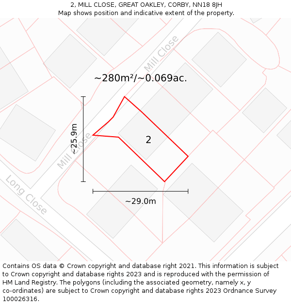 2, MILL CLOSE, GREAT OAKLEY, CORBY, NN18 8JH: Plot and title map