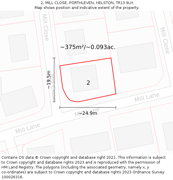 2, MILL CLOSE, PORTHLEVEN, HELSTON, TR13 9LH: Plot and title map