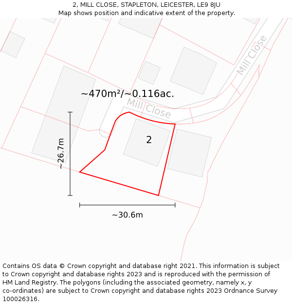 2, MILL CLOSE, STAPLETON, LEICESTER, LE9 8JU: Plot and title map