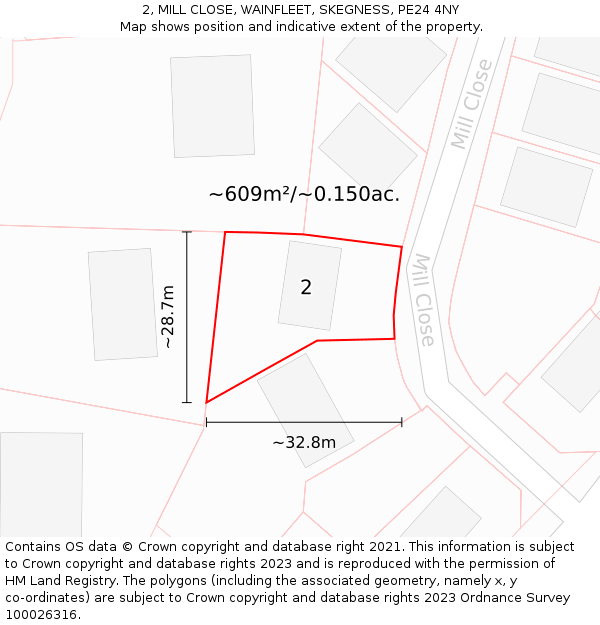 2, MILL CLOSE, WAINFLEET, SKEGNESS, PE24 4NY: Plot and title map