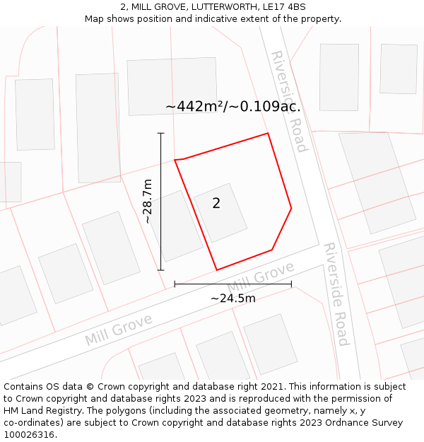 2, MILL GROVE, LUTTERWORTH, LE17 4BS: Plot and title map