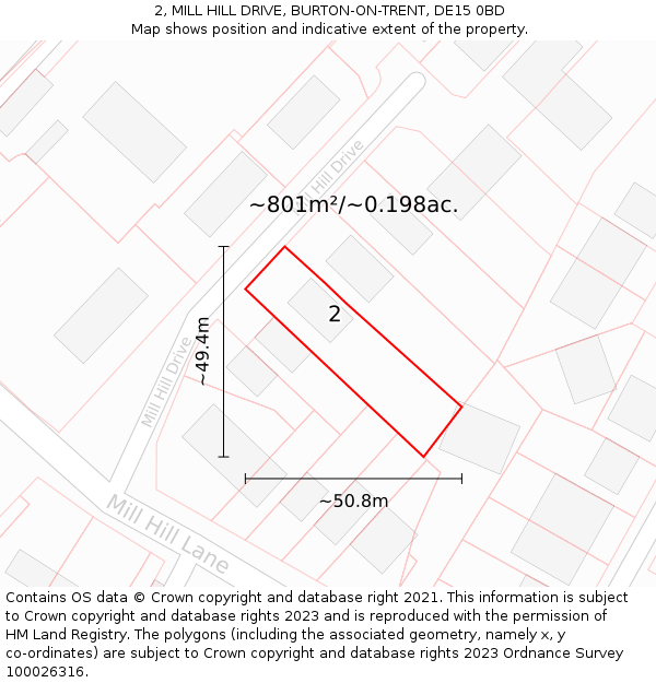 2, MILL HILL DRIVE, BURTON-ON-TRENT, DE15 0BD: Plot and title map