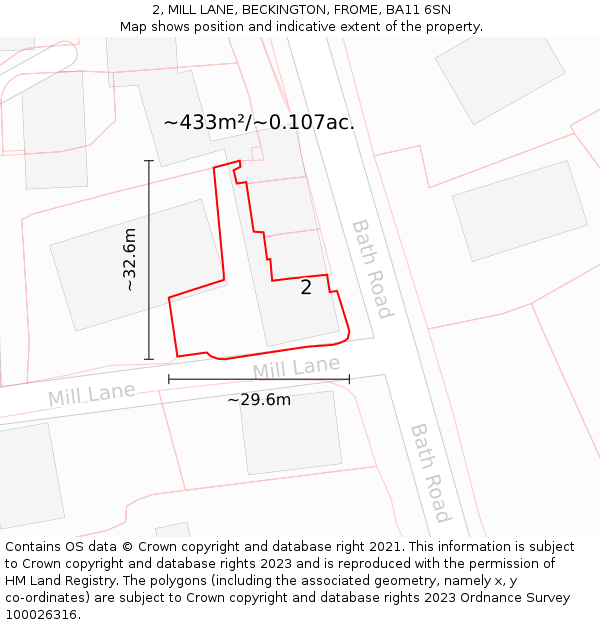 2, MILL LANE, BECKINGTON, FROME, BA11 6SN: Plot and title map