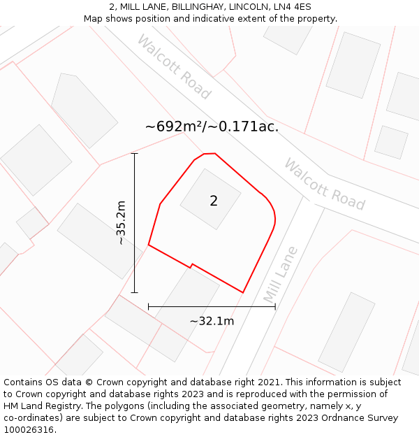 2, MILL LANE, BILLINGHAY, LINCOLN, LN4 4ES: Plot and title map