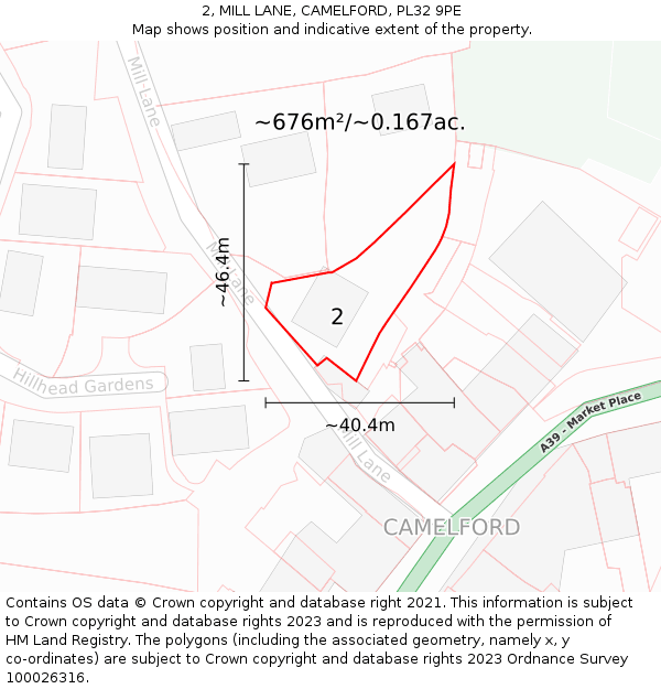2, MILL LANE, CAMELFORD, PL32 9PE: Plot and title map