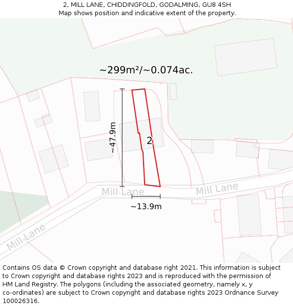 2, MILL LANE, CHIDDINGFOLD, GODALMING, GU8 4SH: Plot and title map