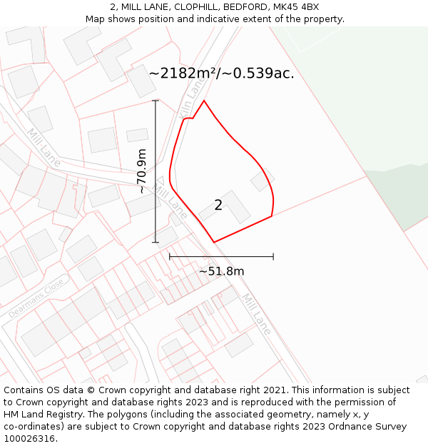 2, MILL LANE, CLOPHILL, BEDFORD, MK45 4BX: Plot and title map