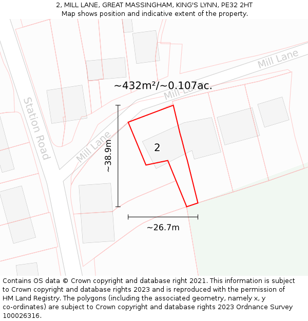 2, MILL LANE, GREAT MASSINGHAM, KING'S LYNN, PE32 2HT: Plot and title map