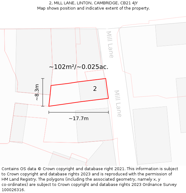 2, MILL LANE, LINTON, CAMBRIDGE, CB21 4JY: Plot and title map