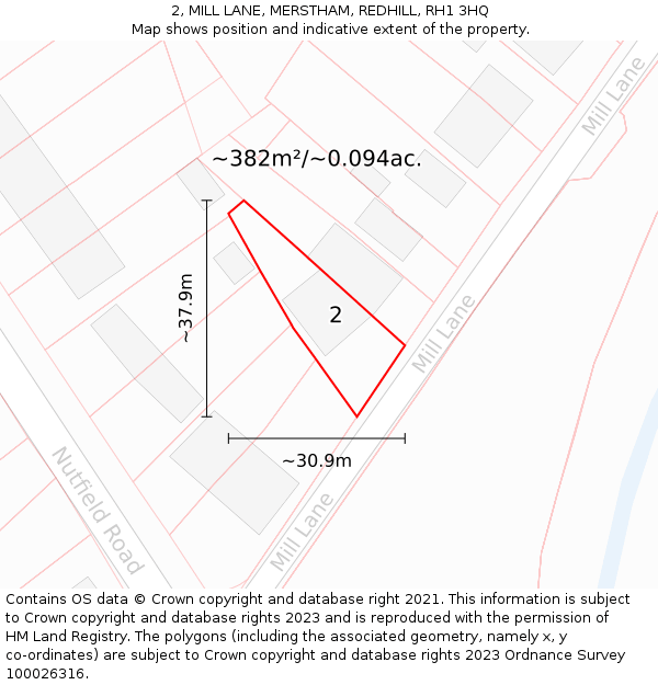 2, MILL LANE, MERSTHAM, REDHILL, RH1 3HQ: Plot and title map