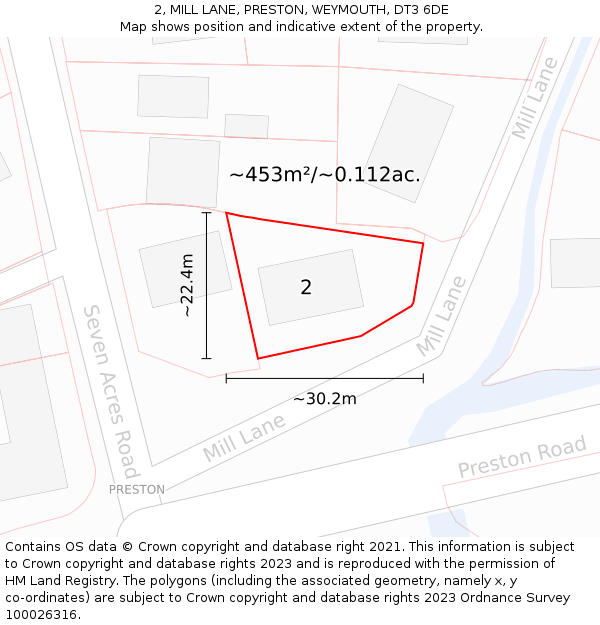 2, MILL LANE, PRESTON, WEYMOUTH, DT3 6DE: Plot and title map