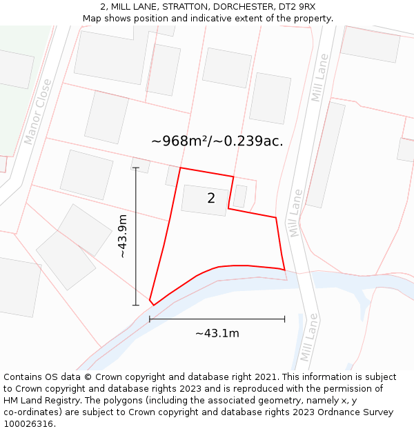2, MILL LANE, STRATTON, DORCHESTER, DT2 9RX: Plot and title map