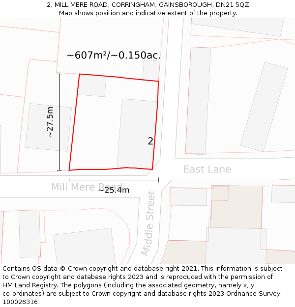 2, MILL MERE ROAD, CORRINGHAM, GAINSBOROUGH, DN21 5QZ: Plot and title map