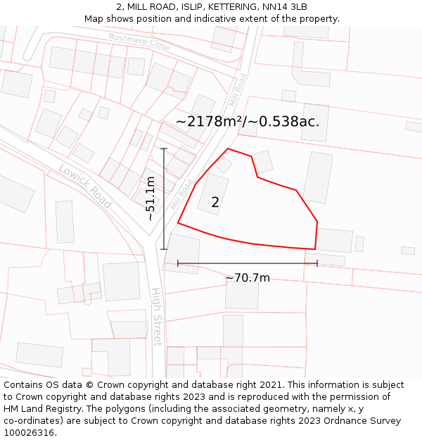 2, MILL ROAD, ISLIP, KETTERING, NN14 3LB: Plot and title map