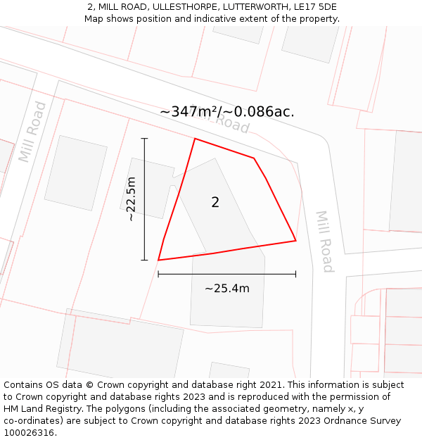 2, MILL ROAD, ULLESTHORPE, LUTTERWORTH, LE17 5DE: Plot and title map
