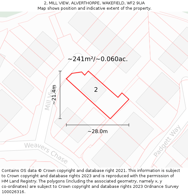 2, MILL VIEW, ALVERTHORPE, WAKEFIELD, WF2 9UA: Plot and title map