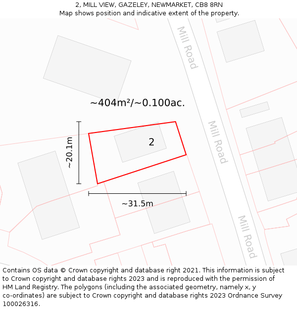 2, MILL VIEW, GAZELEY, NEWMARKET, CB8 8RN: Plot and title map