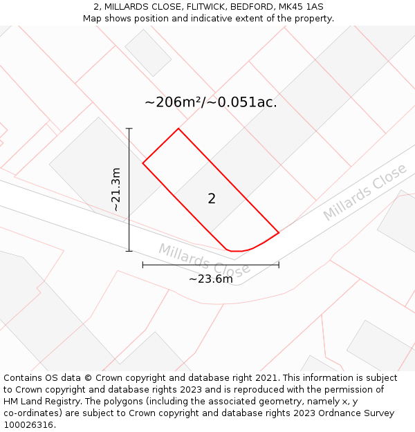 2, MILLARDS CLOSE, FLITWICK, BEDFORD, MK45 1AS: Plot and title map